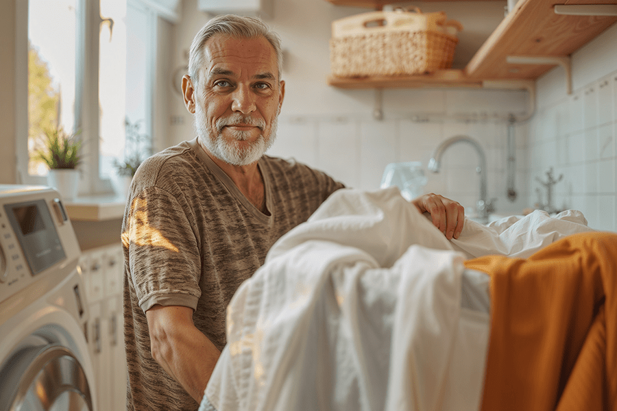 Mann befüllt eine moderne Waschmaschine – durchdachte Sanitärinstallationen von dorscht haustechnik sorgen für effiziente Wasser- und Abwasserlösungen im Haushalt.
