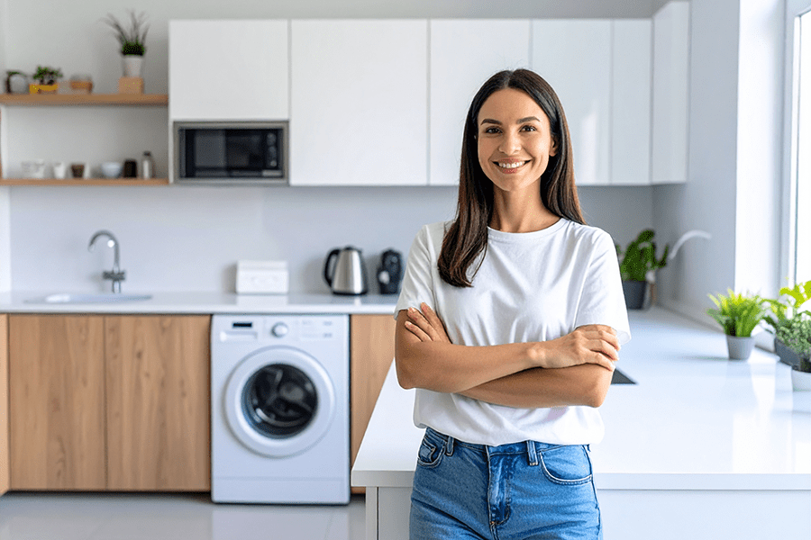 dorscht-haustechnik-sanitaertechnik-wasserversorgung-abwasser-coburg Person steht zufrieden in einer modernen Küche mit Waschmaschine – durchdachte Sanitärtechnik von dorscht haustechnik sorgt für Komfort und Effizienz im Alltag.